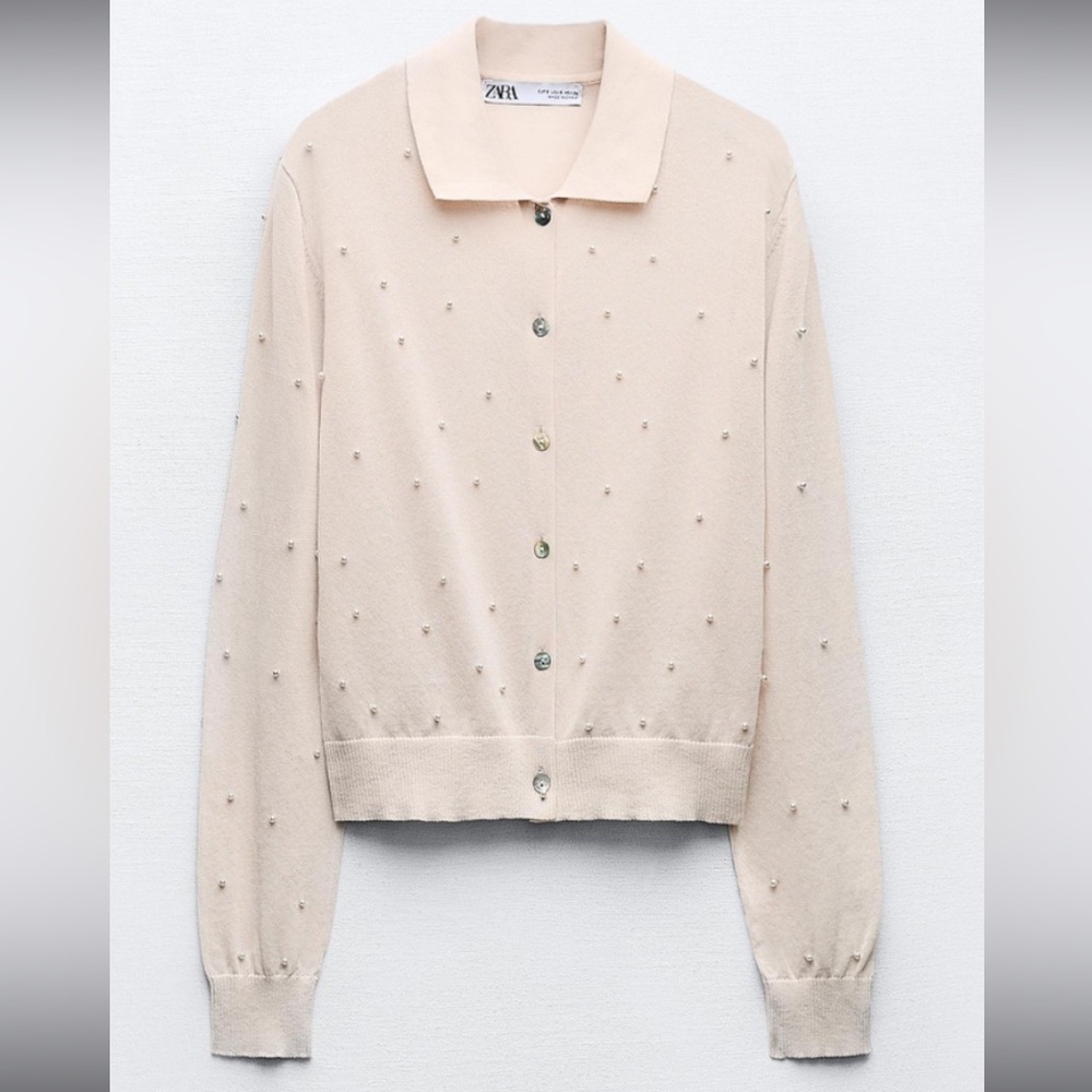 Zara Pearl Knit Cardigan Light Pink Sz S -NWT